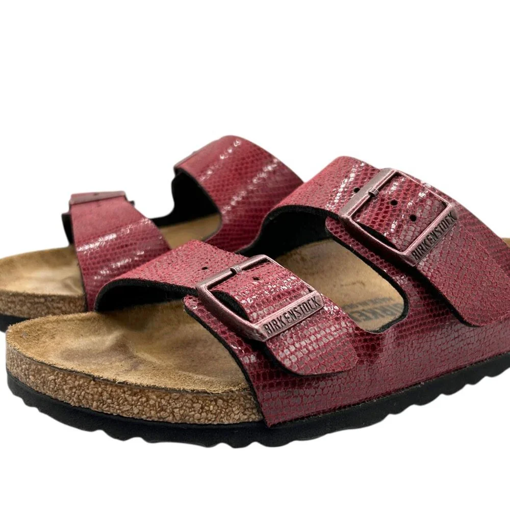 Birkenstock Arizona Birko-Flor Maroon Snake Pattern 2 Straps Slide Sandals 36